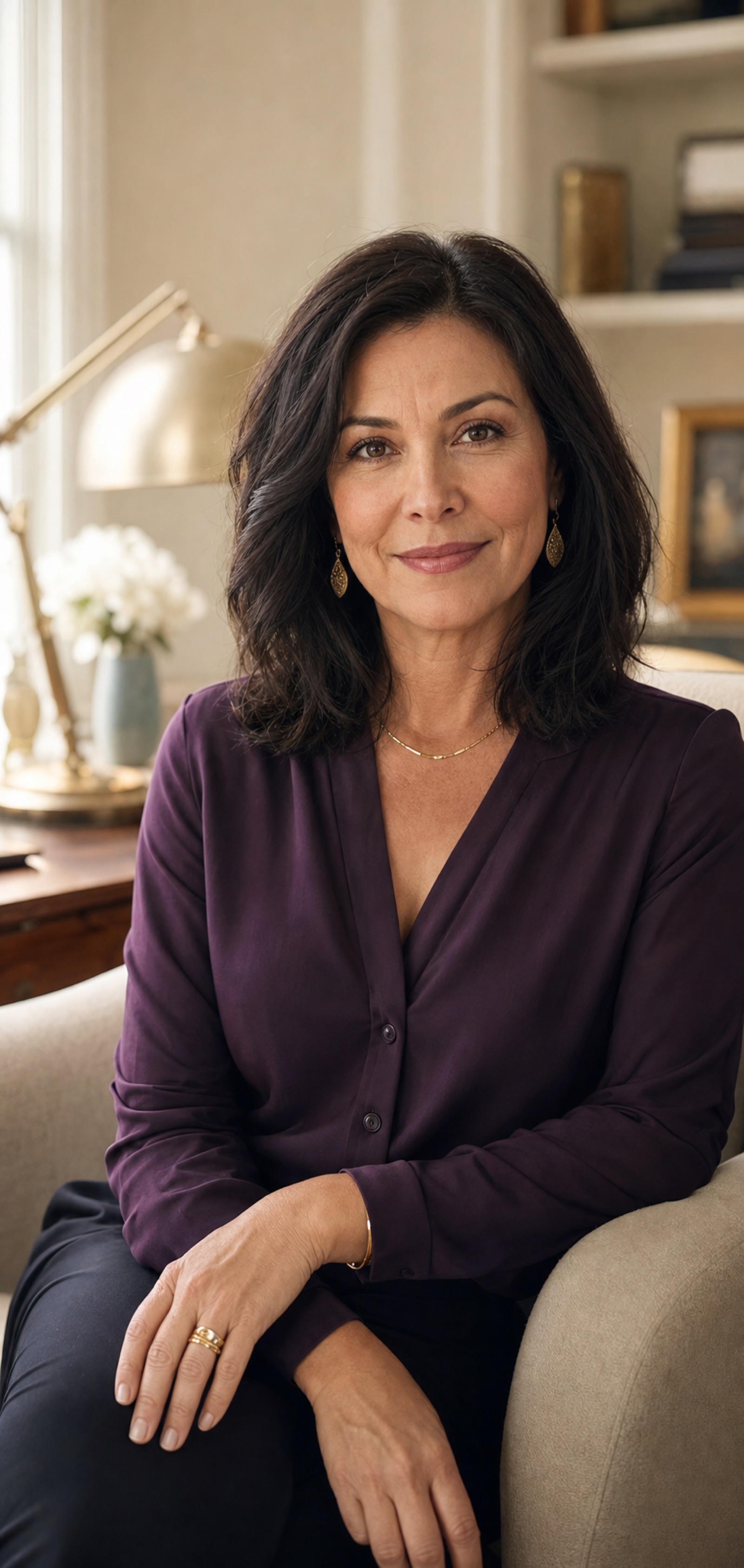Elena Vance, leadership coach and keynote speaker, seated in a warm study setting