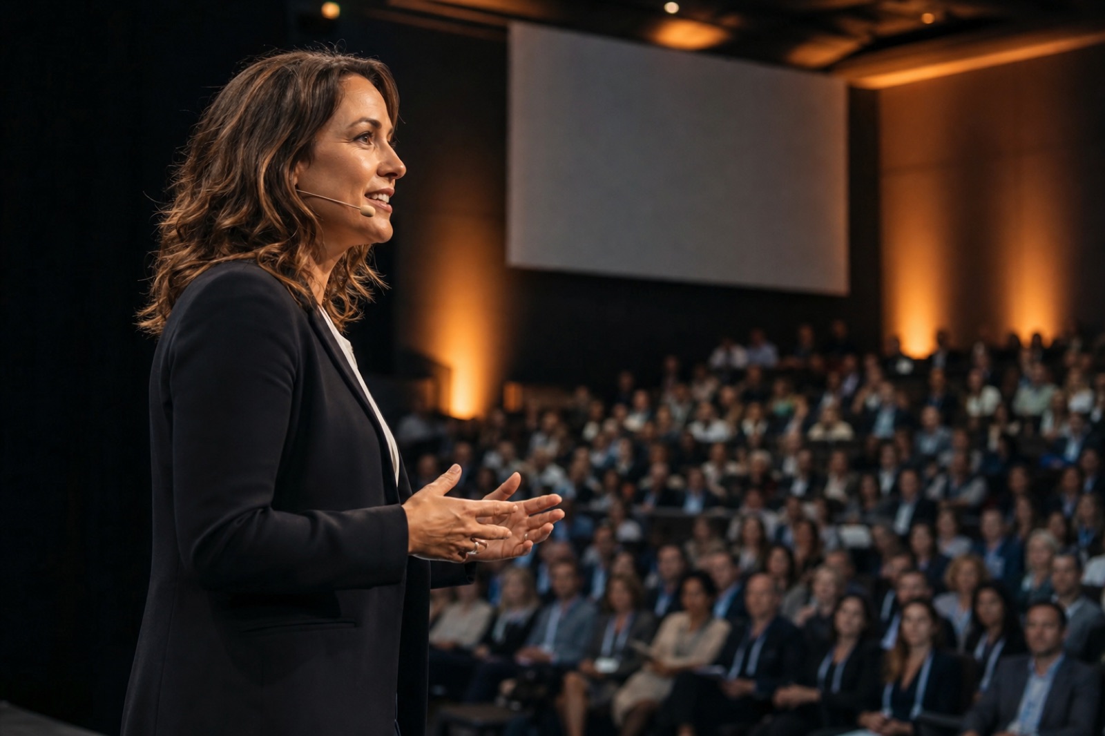 Elena Vance delivering a keynote address on stage to a conference audience